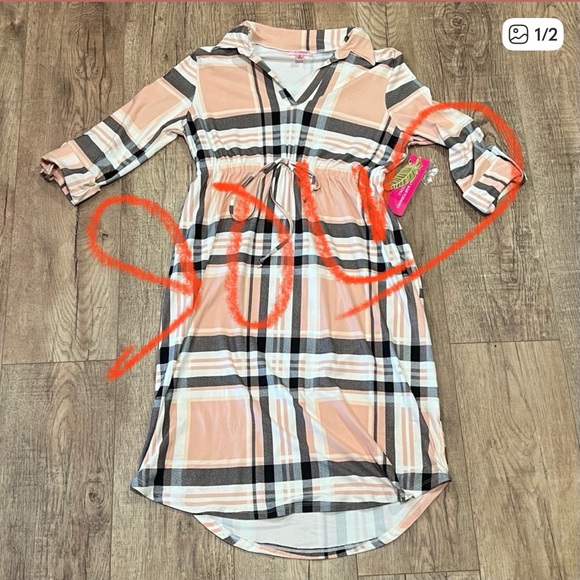 feathers Dresses & Skirts - FEATHERS MATERNITY | peachy pink/blk plaid shirt dress